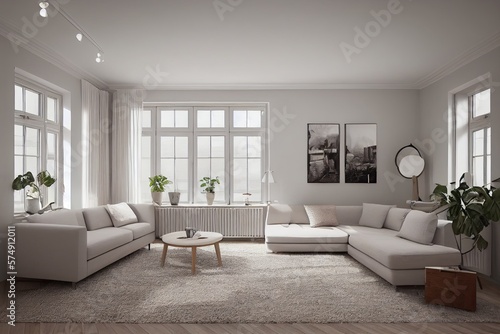 Stylish scandinavian living room with design mint sofa  furnitures  mock up poster map  plants and elegant personal accessories. Modern home decor. Bright and sunny room. Generative AI illustration.