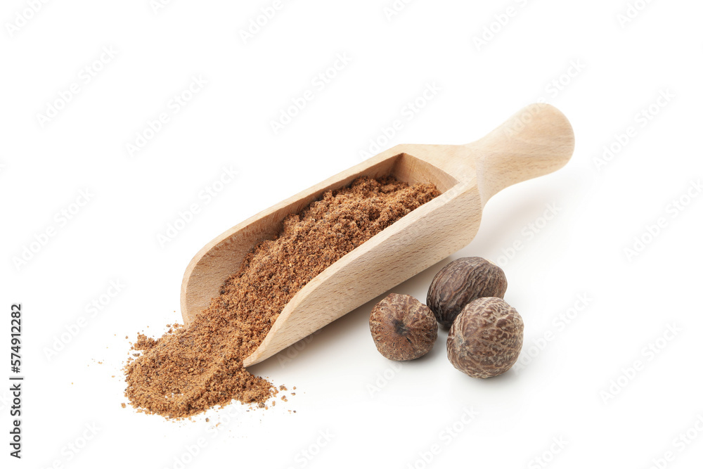 Concept of spices and condiments, nutmegs, isolated on white background Concept of spices and condiments, nutmegs, isolated on white background
