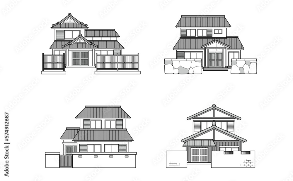 モノクロの日本家屋のイラストセット