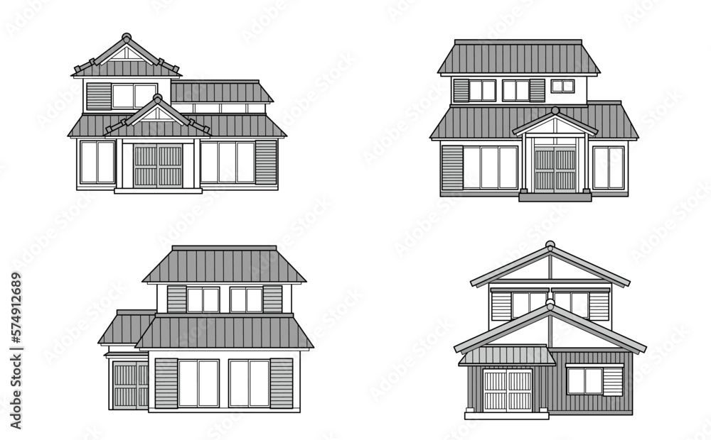 モノクロの日本家屋のイラストセット