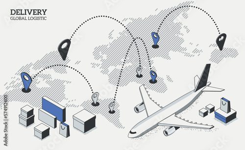 International logistic company worldwide operations with cargo distribution shipment and transportations. Isometric projection with a plane, parcels, and a map with locations