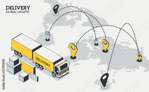 International logistic company worldwide operations with cargo distribution shipment and transportations. Isometric projection with a delivery van, parcels, and a map with locations