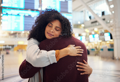 Couple, hug and embracing goodbye at airport for travel, trip or flight in farewell for long distance relationship. Man and woman hugging before traveling, departure or immigration and arrival