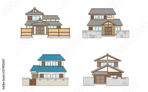 垣根のある日本家屋のイラストセット
