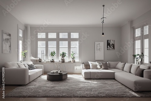 Stylish scandinavian living room with design mint sofa  furnitures  mock up poster map  plants and elegant personal accessories. Modern home decor. Bright and sunny room. Generative AI illustration.