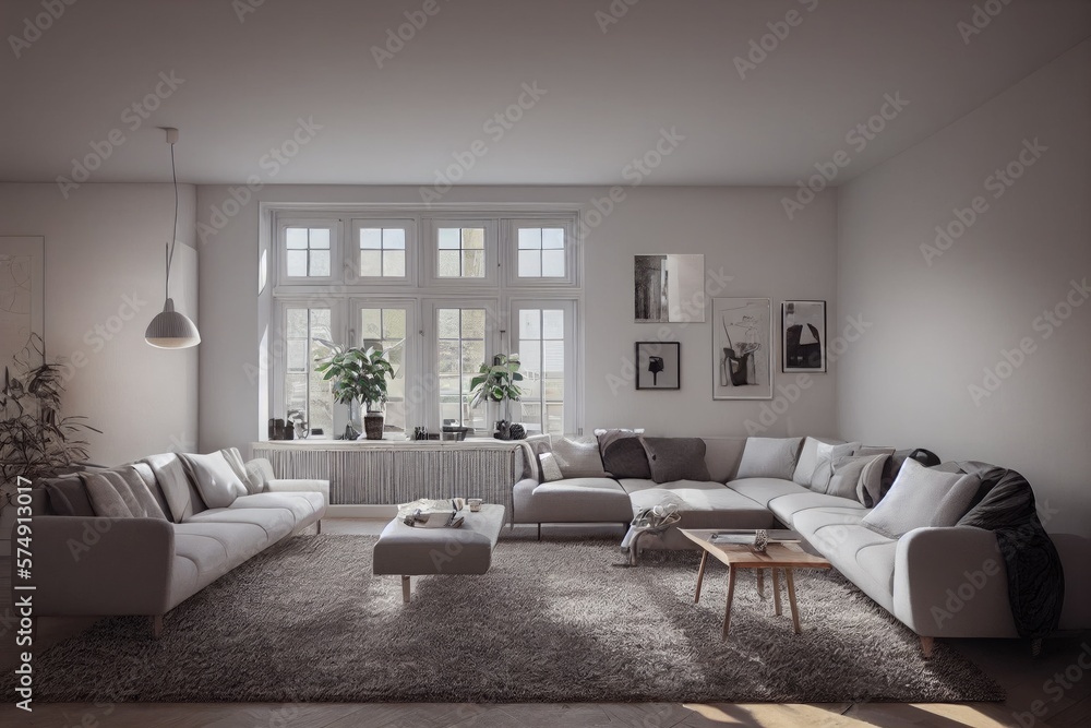 Fototapeta premium Stylish scandinavian living room with design mint sofa, furnitures, mock up poster map, plants and elegant personal accessories. Modern home decor. Bright and sunny room. Generative AI illustration.