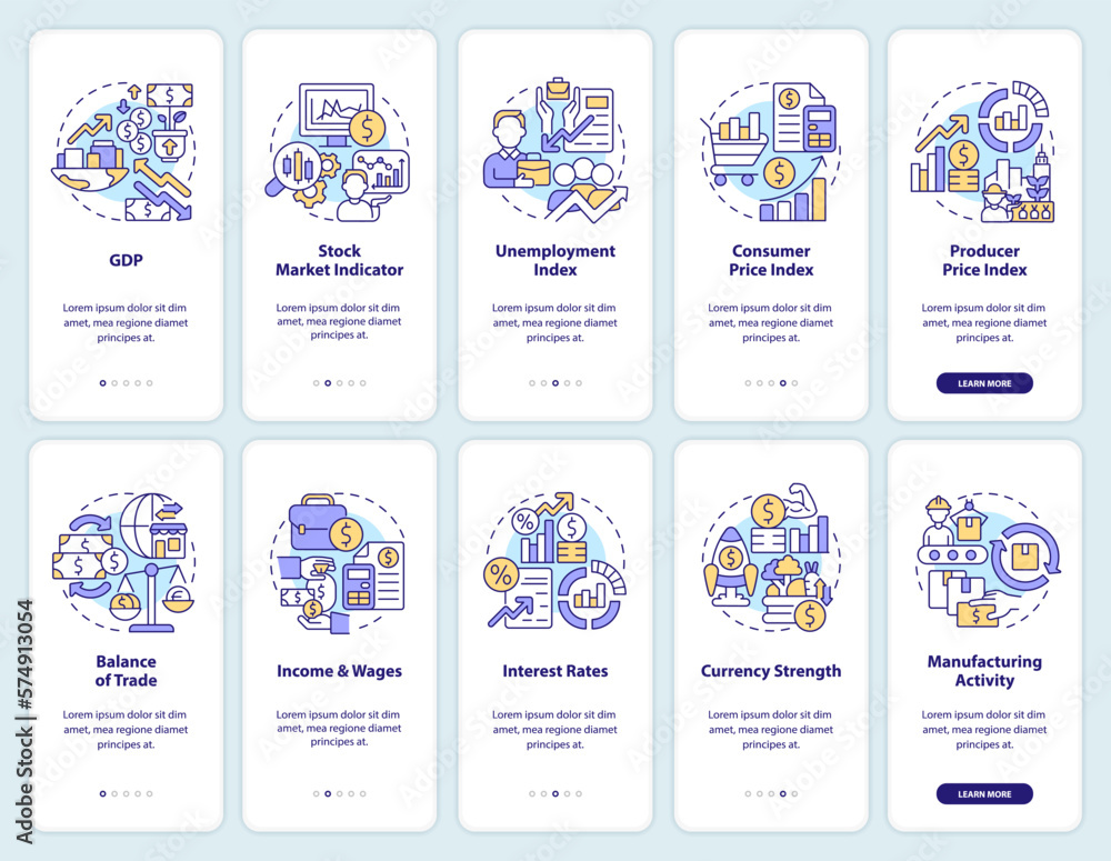 Economic indicators and examples onboarding mobile app screens set. Walkthrough 5 steps editable graphic instructions with linear concepts. UI, UX, GUI template. Myriad Pro-Bold, Regular fonts used