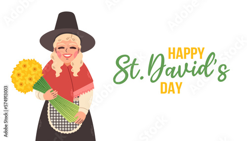 Happy Saint Davids day. Girl in traditional welsh costume celebrate St Davids day with yellow daffodils.