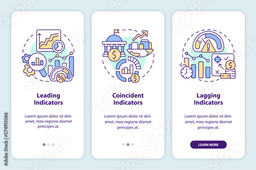 Types of economic indicators onboarding mobile app screen. Analytics walkthrough 3 steps editable graphic instructions with linear concepts. UI, UX, GUI template. Myriad Pro-Bold, Regular fonts used