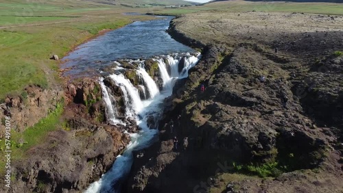 Kolugljufur Canyon with Kolufossar waterfalls in Iceland, aerial view photo