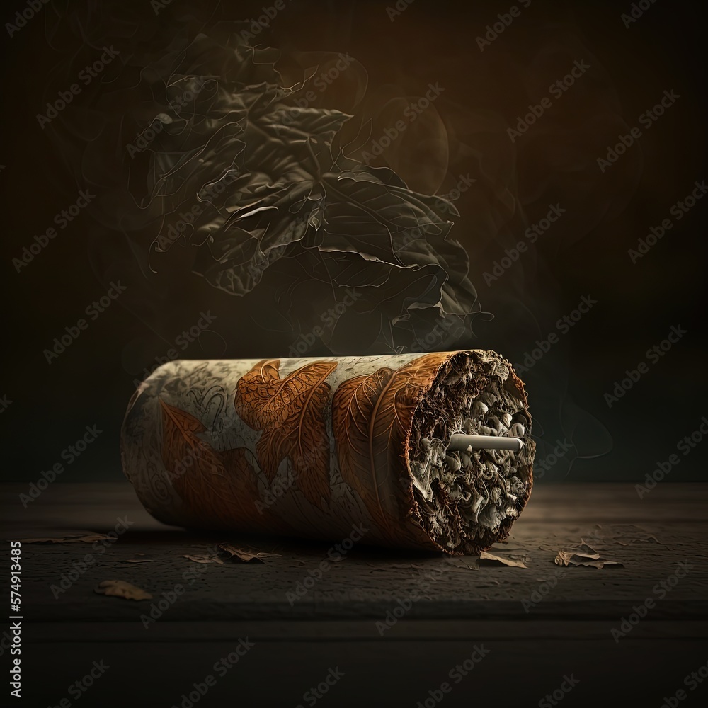 Cigar wrapped in a tobacco leaf on a brown background with smoke