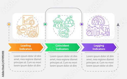 Economic indicators types rectangle infographic template. Analytics. Data visualization with 3 steps. Editable timeline info chart. Workflow layout with line icons. Myriad Pro-Bold, Regular fonts used