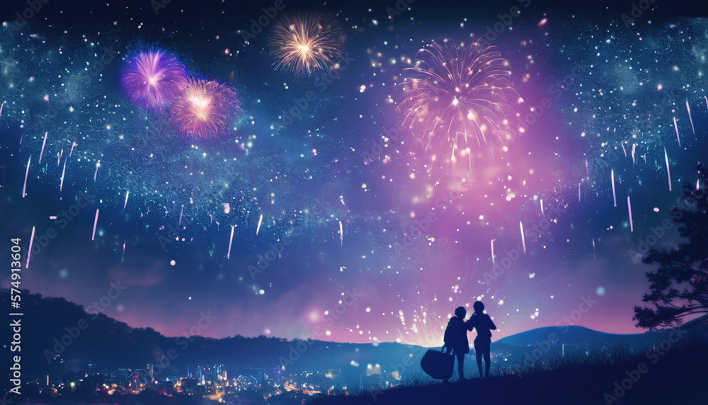 A Romantic Night: A Couple on a Hill, with a Breathtaking View of a Starry Sky, Shiny Moon, and Fireworks Display