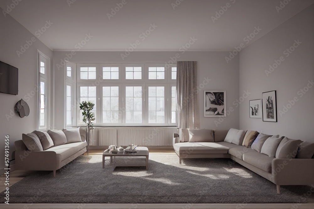 Fototapeta premium Stylish scandinavian living room with design mint sofa, furnitures, mock up poster map, plants and elegant personal accessories. Modern home decor. Bright and sunny room. Generative AI illustration.