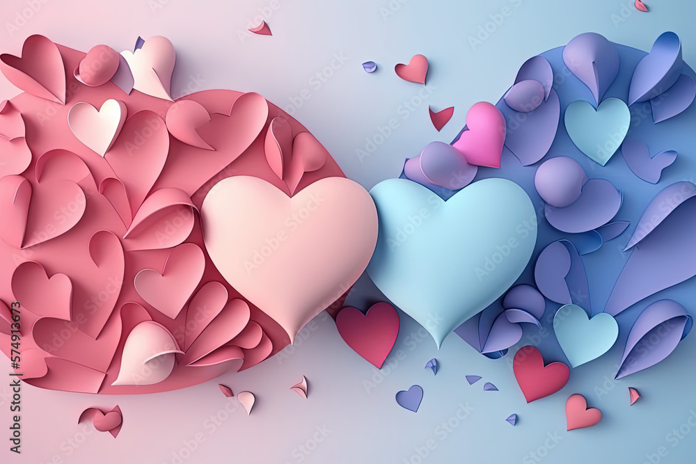 Love Takes Flight: Pink and Blue Hearts Soar on Soft Pink Background