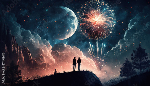 A Romantic Night: A Couple on a Hill, with a Breathtaking View of a Starry Sky, Shiny Moon, and Fireworks Display