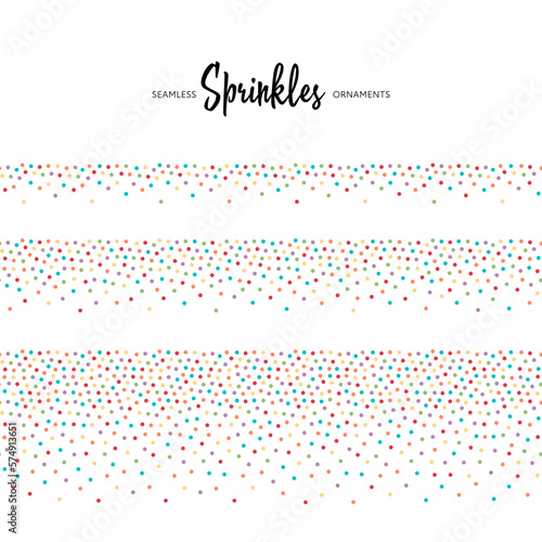 Sprinkle pattern. Vector colorful illustration set. Seamless border of frame of color dots. Symbol of candy on cake. Design for holiday, easter egg, birthday invitation card, poster, banner.