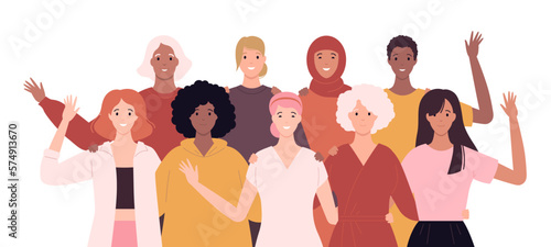 Women empowerment feminist concept. Vector flat person illustration. Group of women of various ethnic and nationality embrace isolated on white. Design element for diversity banner, card, poster.