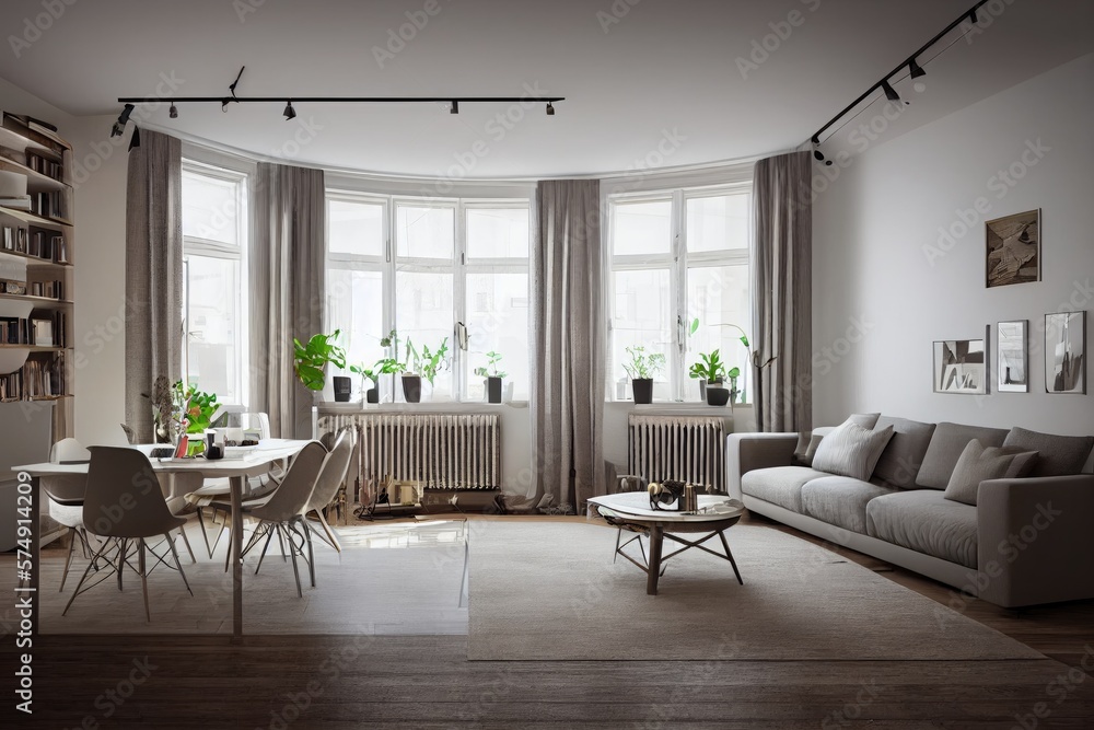 Fototapeta premium Stylish scandinavian living room with design mint sofa, furnitures, mock up poster map, plants and elegant personal accessories. Modern home decor. Bright and sunny room. Generative AI illustration.