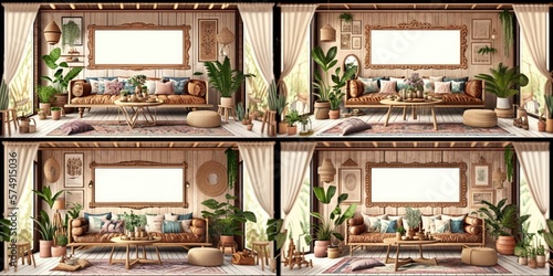 Stylish scandinavian living room with design mint sofa, furnitures, mock up poster map, plants and elegant personal accessories. Modern home decor. Bright and sunny room. Generative AI illustration.