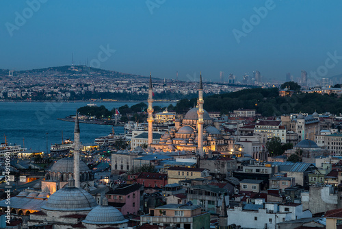 Top view of Istanbul with New Mosque and Rustem Pasha Mosque in the evening. Istanbul, Turkey