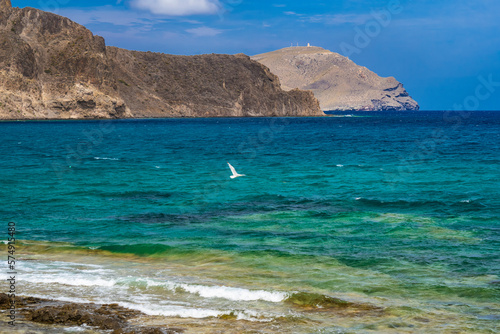 Beach of La Isleta del Moro, Cabo de Gata-Níjar Natural Park, UNESCO Biosphere Reserve, Hot Desert Climate Region, Almería, Andalucía, Spain, Europe