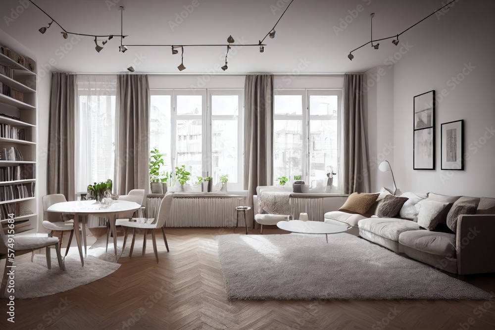 Fototapeta premium Stylish scandinavian living room with design mint sofa, furnitures, mock up poster map, plants and elegant personal accessories. Modern home decor. Bright and sunny room. Generative AI illustration.