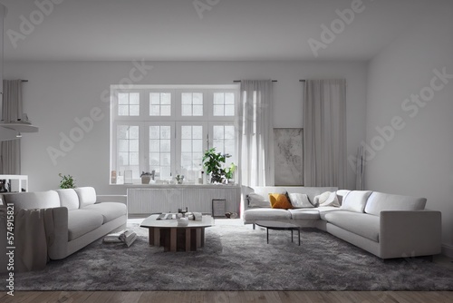 Stylish scandinavian living room with design mint sofa  furnitures  mock up poster map  plants and elegant personal accessories. Modern home decor. Bright and sunny room. Generative AI illustration.