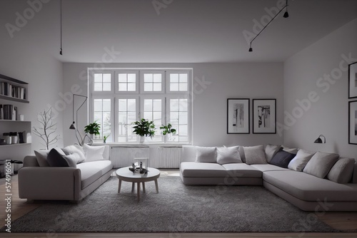 Stylish scandinavian living room with design mint sofa  furnitures  mock up poster map  plants and elegant personal accessories. Modern home decor. Bright and sunny room. Generative AI illustration.