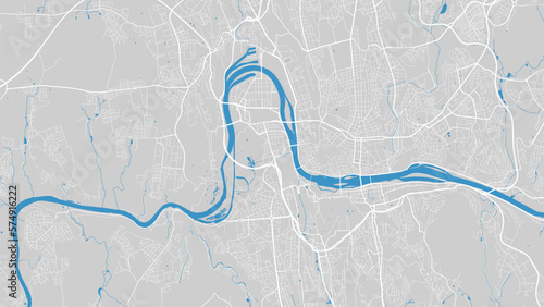 Vltava river map, Prague city, Czech Republic. Watercourse, water flow, blue on grey background road map. Vector illustration.