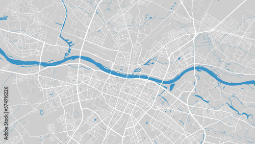 Vistula river map, Warsaw city, Poland. Watercourse, water flow, blue on grey background road map. Vector illustration.