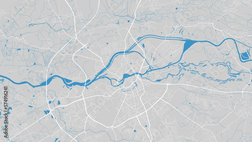 Oder river map, Wroclaw city, Poland. Watercourse, water flow, blue on grey background road map. Vector illustration.