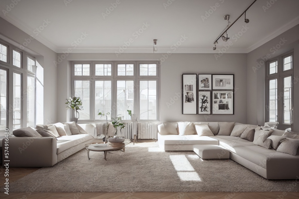 Fototapeta premium Stylish scandinavian living room with design mint sofa, furnitures, mock up poster map, plants and elegant personal accessories. Modern home decor. Bright and sunny room. Generative AI illustration.