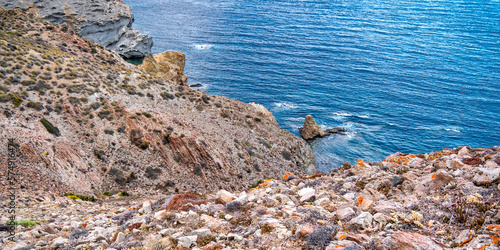 Rocky Coastline and Cliffs, Los Escullos, Cabo de Gata-Níjar Natural Park, UNESCO Biosphere Reserve, Almería, Andalucía, Spain, Europe