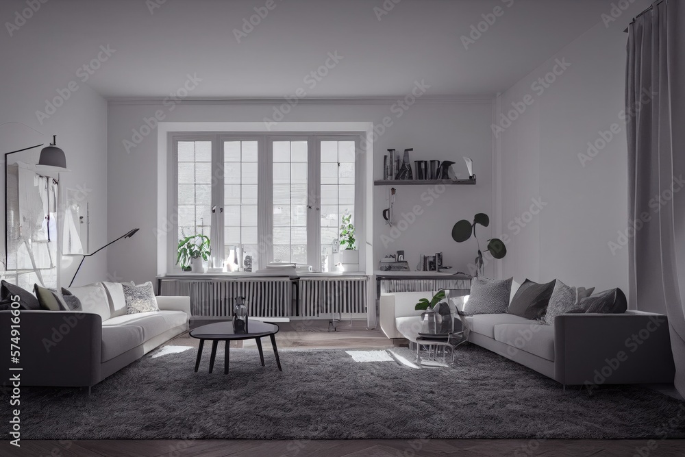 Fototapeta premium Stylish scandinavian living room with design mint sofa, furnitures, mock up poster map, plants and elegant personal accessories. Modern home decor. Bright and sunny room. Generative AI illustration.