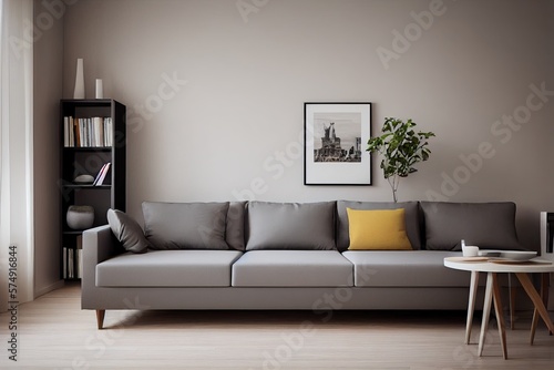 Stylish scandinavian living room with design mint sofa, furnitures, mock up poster map, plants and elegant personal accessories. Modern home decor. Bright and sunny room. Generative AI illustration.