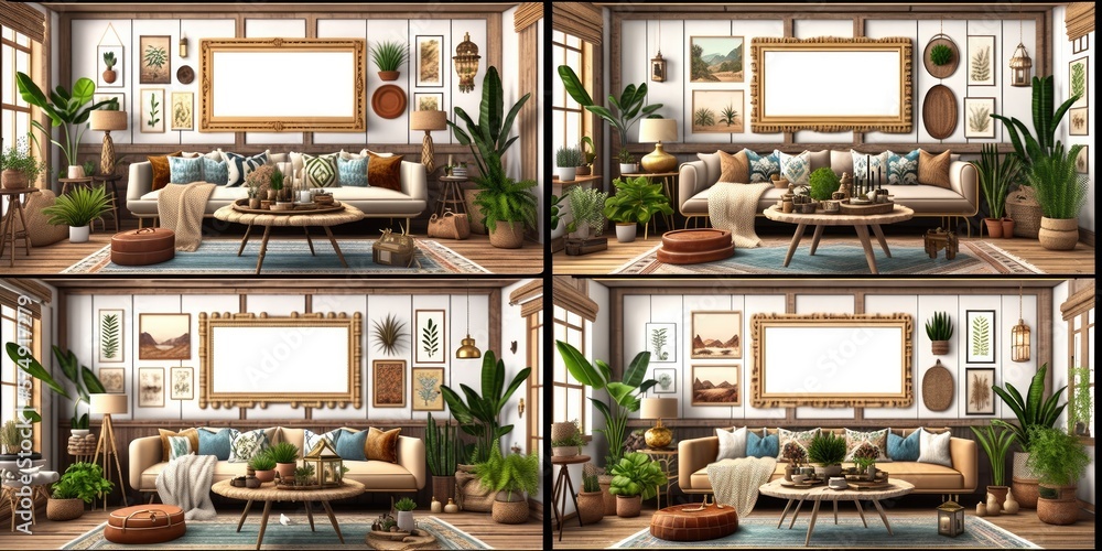 Stylish scandinavian living room with design mint sofa, furnitures, mock up poster map, plants and elegant personal accessories. Modern home decor. Bright and sunny room. Generative AI illustration. Stylish scandinavian living room with design mint sofa, furnitures, mock up poster map, plants and elegant personal accessories. Modern home decor. Bright and sunny room. Generative AI illustration.