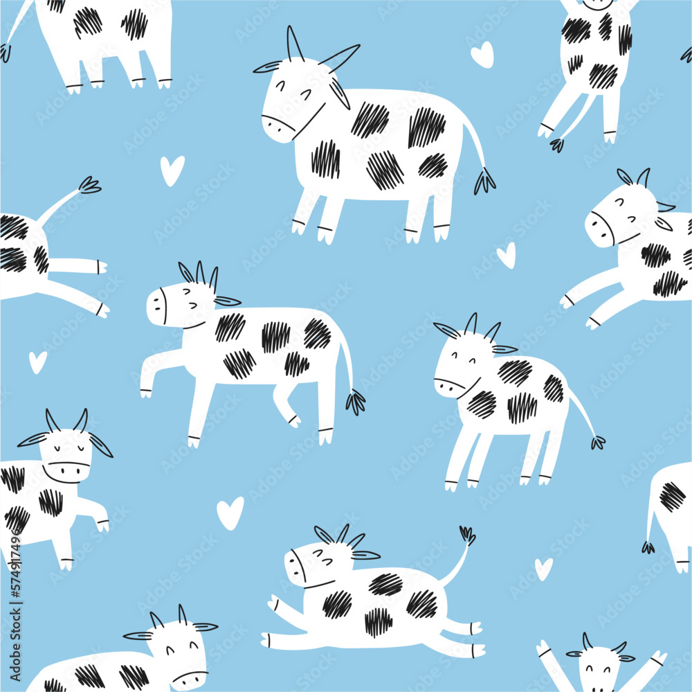 Vector pattern with cows drawn by hand in doodle style Vector pattern with cows drawn by hand in doodle style