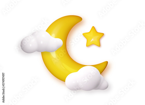 Crescent moon, stars glossy yellow and white glossy clouds 3d style isolated. Png Realistic half moon moon or crescent. Space futuristic creative design.