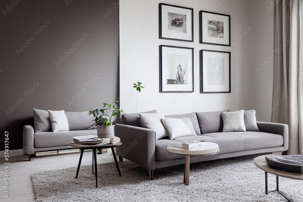 Stylish scandinavian living room with design mint sofa, furnitures, mock up poster map, plants and elegant personal accessories. Modern home decor. Bright and sunny room. Generative AI illustration. Stylish scandinavian living room with design mint sofa, furnitures, mock up poster map, plants and elegant personal accessories. Modern home decor. Bright and sunny room. Generative AI illustration.
