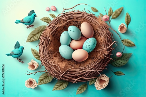 Easter eggs and birds in nest on blue background. Generative AI