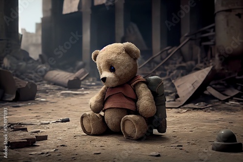 Teddy bear sitting on the ground in the ruins of a factory. Generative AI