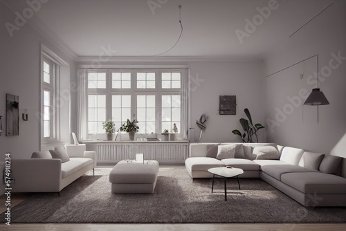 Stylish scandinavian living room with design mint sofa  furnitures  mock up poster map  plants and elegant personal accessories. Modern home decor. Bright and sunny room. Generative AI illustration.