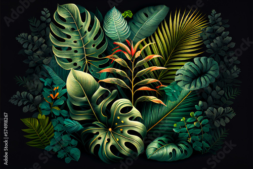 Dark green leaf  tropical jungle foliage.Green floral background. leaves of monstera  palm  coconut  exotical flowers. Panorama background. nature organic concept. Generative Ai