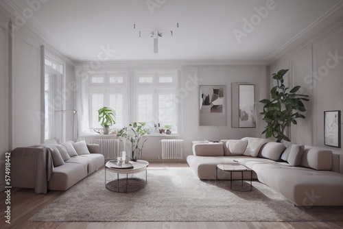 Stylish scandinavian living room with design mint sofa  furnitures  mock up poster map  plants and elegant personal accessories. Modern home decor. Bright and sunny room. Generative AI illustration.