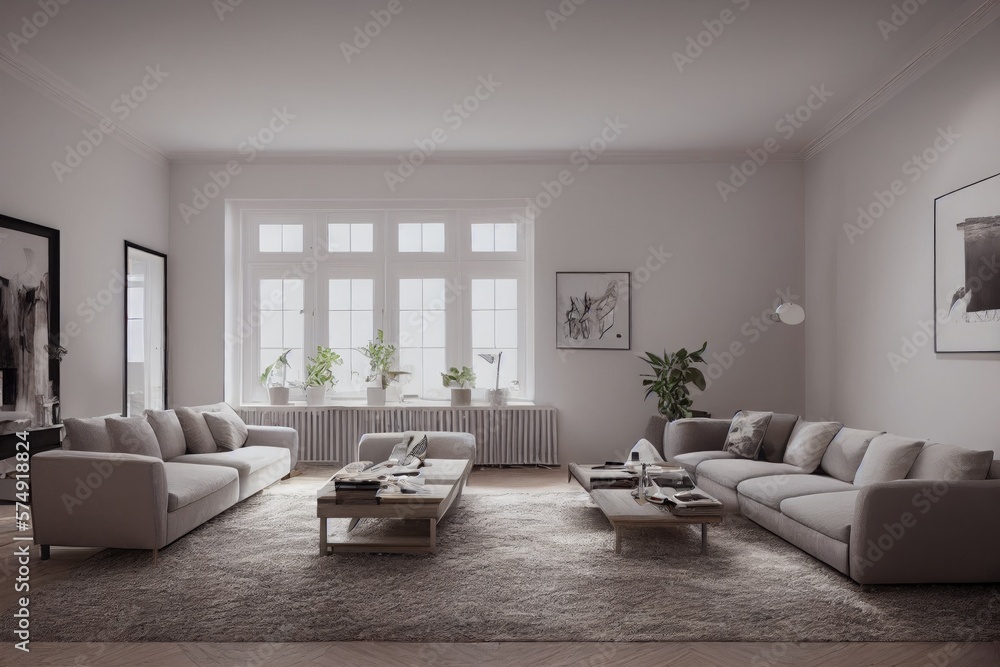 Fototapeta premium Stylish scandinavian living room with design mint sofa, furnitures, mock up poster map, plants and elegant personal accessories. Modern home decor. Bright and sunny room. Generative AI illustration.