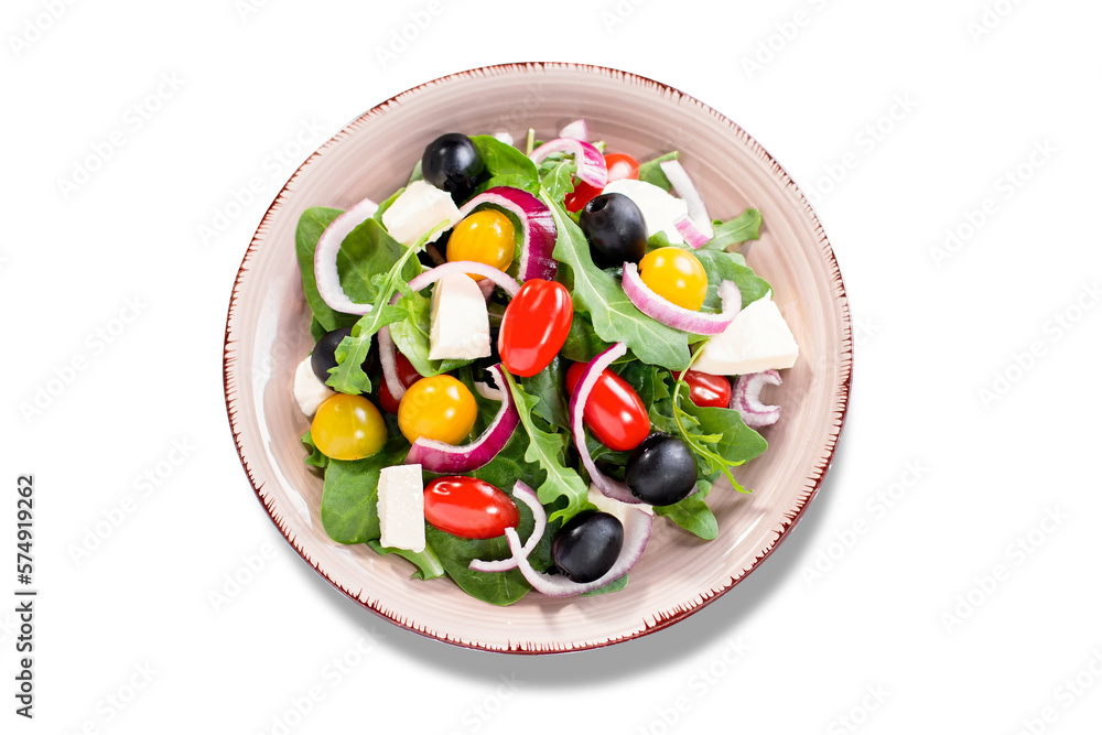 Isolated Greek salad closeup. Top view of vegetable salad with feta cheese, arugula, cherry tomatoes and olives, vegetarian nutrition, healthy diet