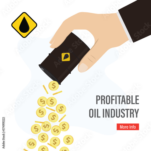 Businessman hand holds barrel of oil. Money is pouring out of tank of fuel. Profitable oil industry. High fuel prices bring good income to business. Landing page, template.