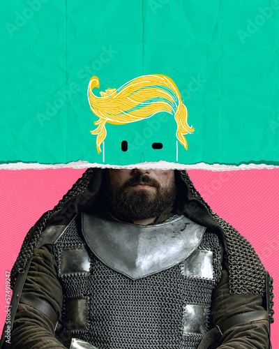 Contemporary art collage. Creative design with doodles. Man, medieval warrior, knight with t drawn face part over bright background. Concept of inspiration, imagination, history and modernity