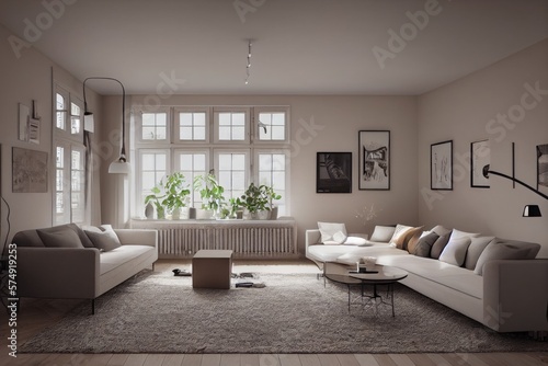 Stylish scandinavian living room with design mint sofa  furnitures  mock up poster map  plants and elegant personal accessories. Modern home decor. Bright and sunny room. Generative AI illustration.